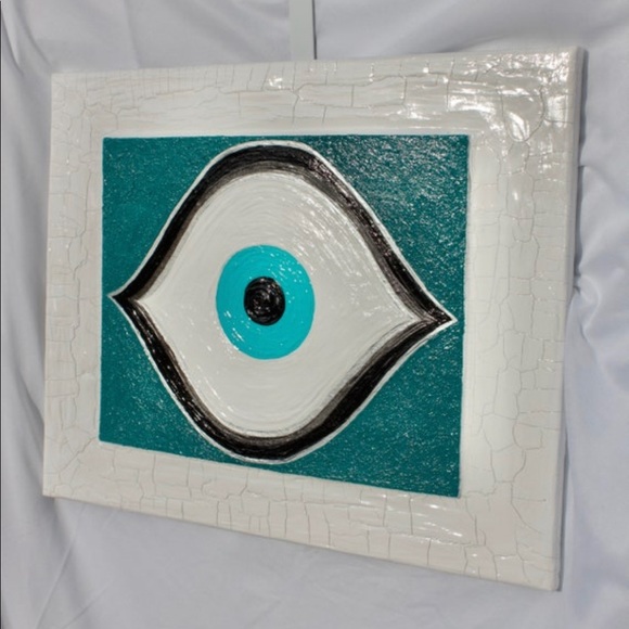 Evil Eye 16x20 Distressed Teal Blue Painting on Stretched Stapled Canvas Custom - Picture 2 of 5